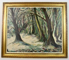 Antico dipinto a olio impressionista del 1940 con luce lunare e paesaggio forestale
