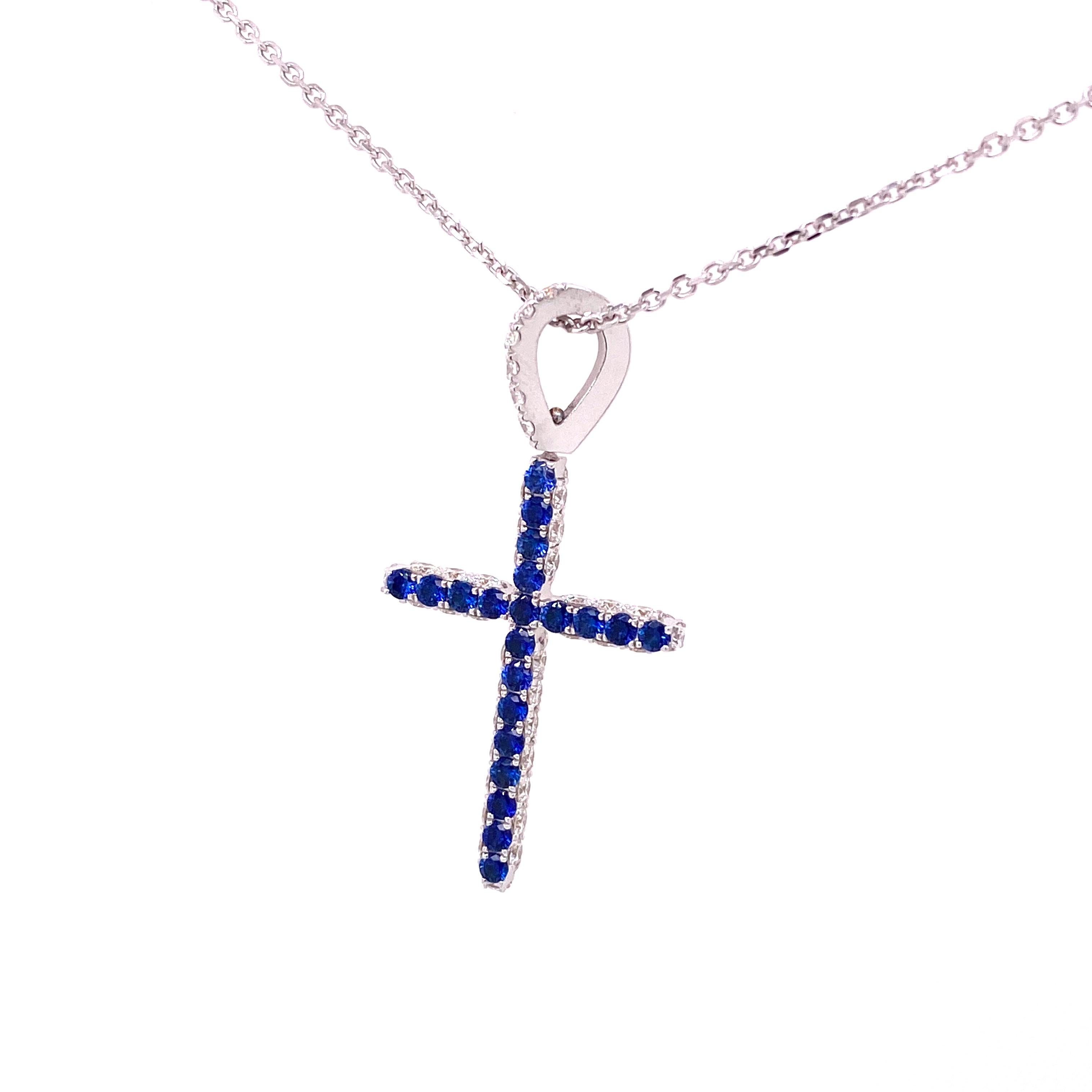 Round Cut CROSS-4S - 18KW Cross Pendant with Diamonds & Sapphire along with 18KW 16” Chain For Sale