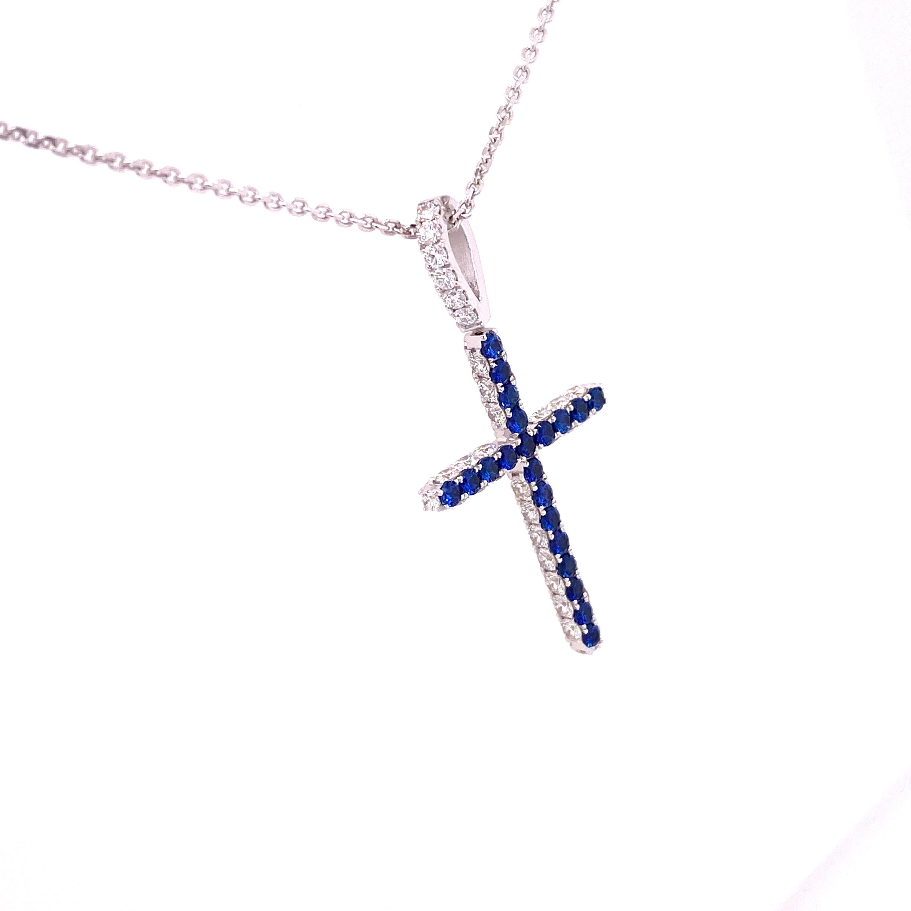 Women's or Men's CROSS-4S - 18KW Cross Pendant with Diamonds & Sapphire along with 18KW 16” Chain For Sale