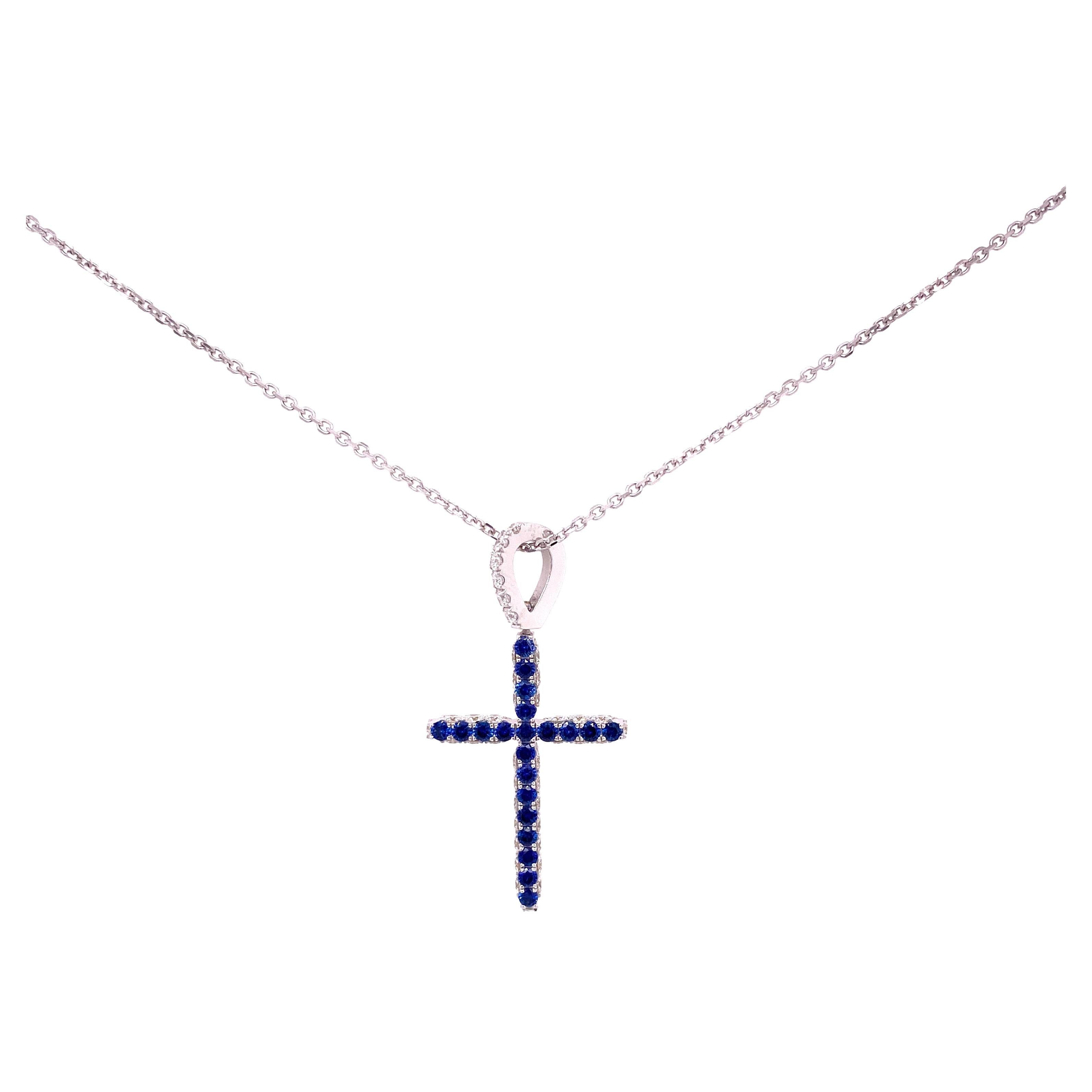 CROSS-4S - 18KW Cross Pendant with Diamonds & Sapphire along with 18KW 16” Chain For Sale