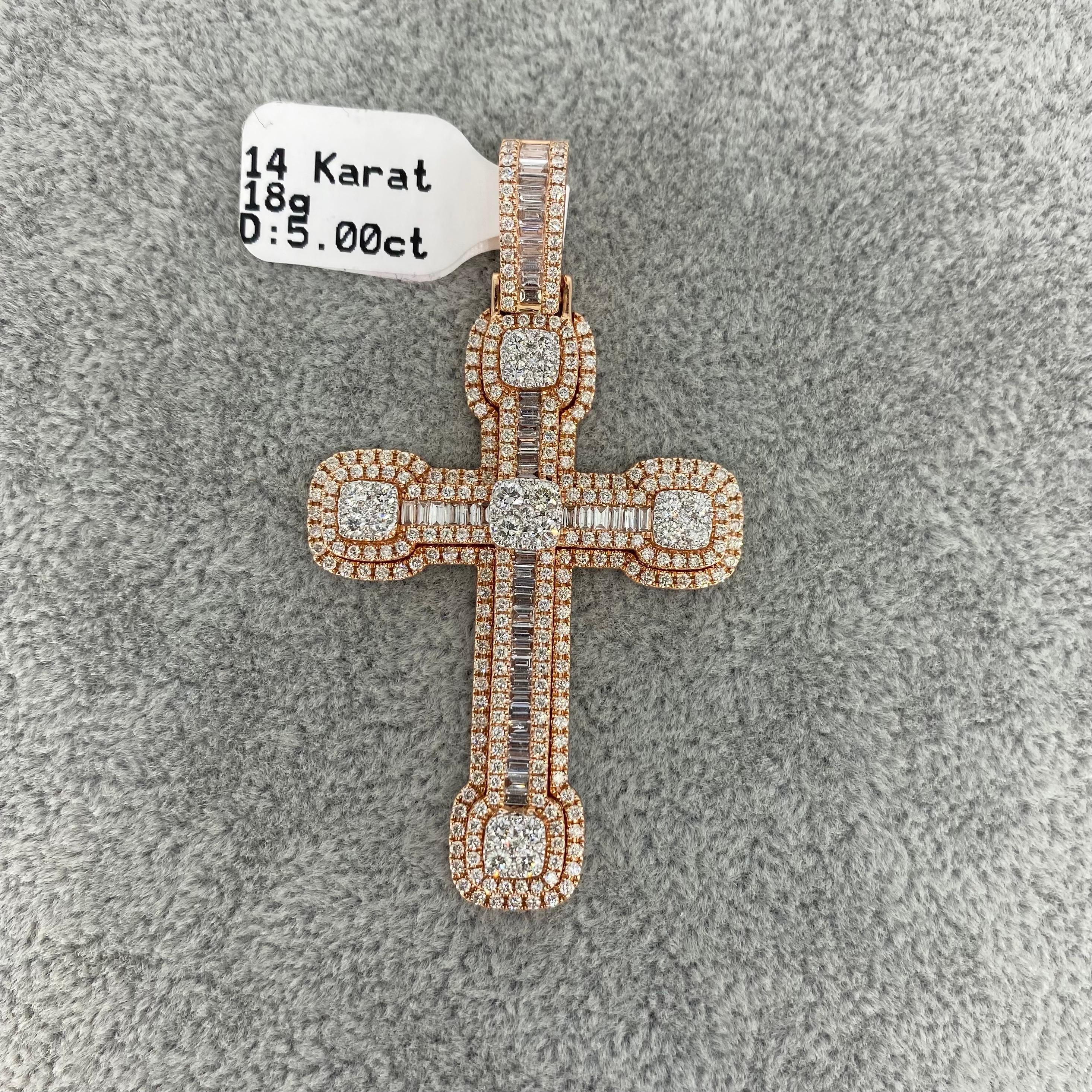 Cross 5.00 Carat Baguette & Round Diamonds Pendant 14k Rose Gold. Very high quality craftsmanship all handmade. The pendant measures 2.5 inches X 1.5 inches and weights 18 grams 14k rose gold. The Diamonds on this pendant include baguette cut at SI