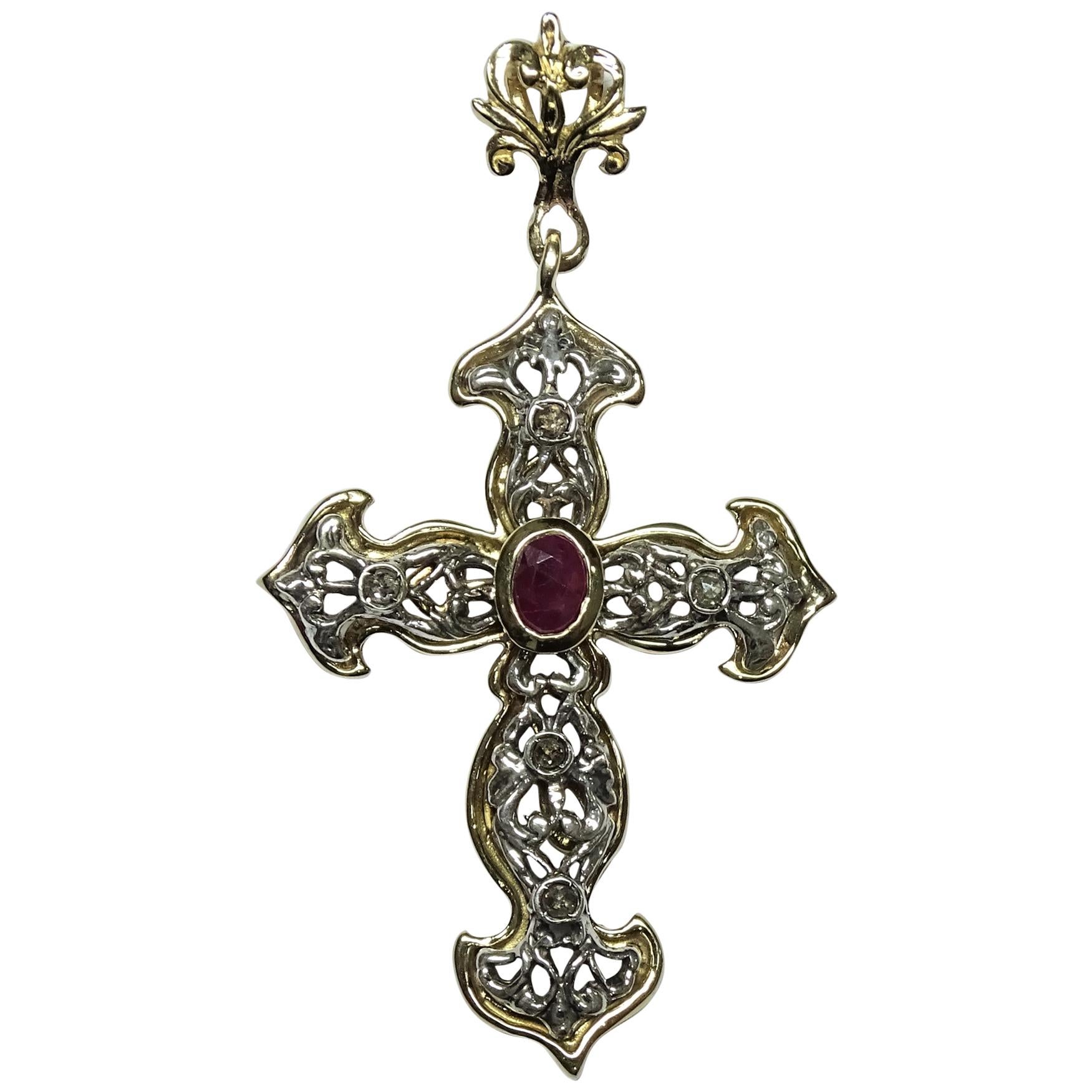 Cross Art Nouveau 0.46 Carat Round Cut Ruby 14 Karat Yellow Gold Pendant For Sale