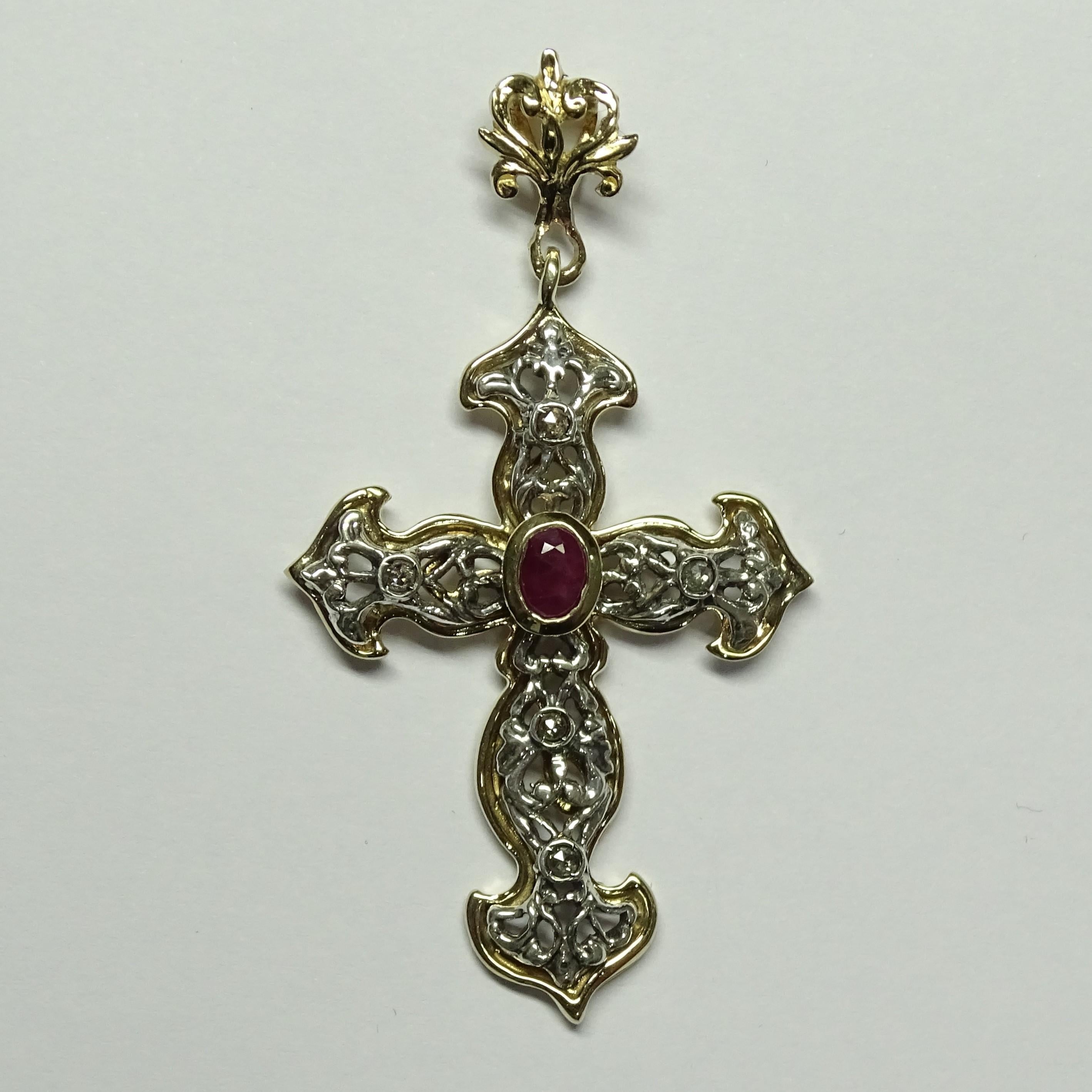 This Pendant is made of 14K Yellow Gold and Sterling Silver.
This Pendant has 0.10 Carats of Rose Cut Diamonds.
This Pendant has 0.46 Carats of Round Cut Rubies.
This Pendant is also available with Emerald or Sapphire.
This Pendant is inspired by