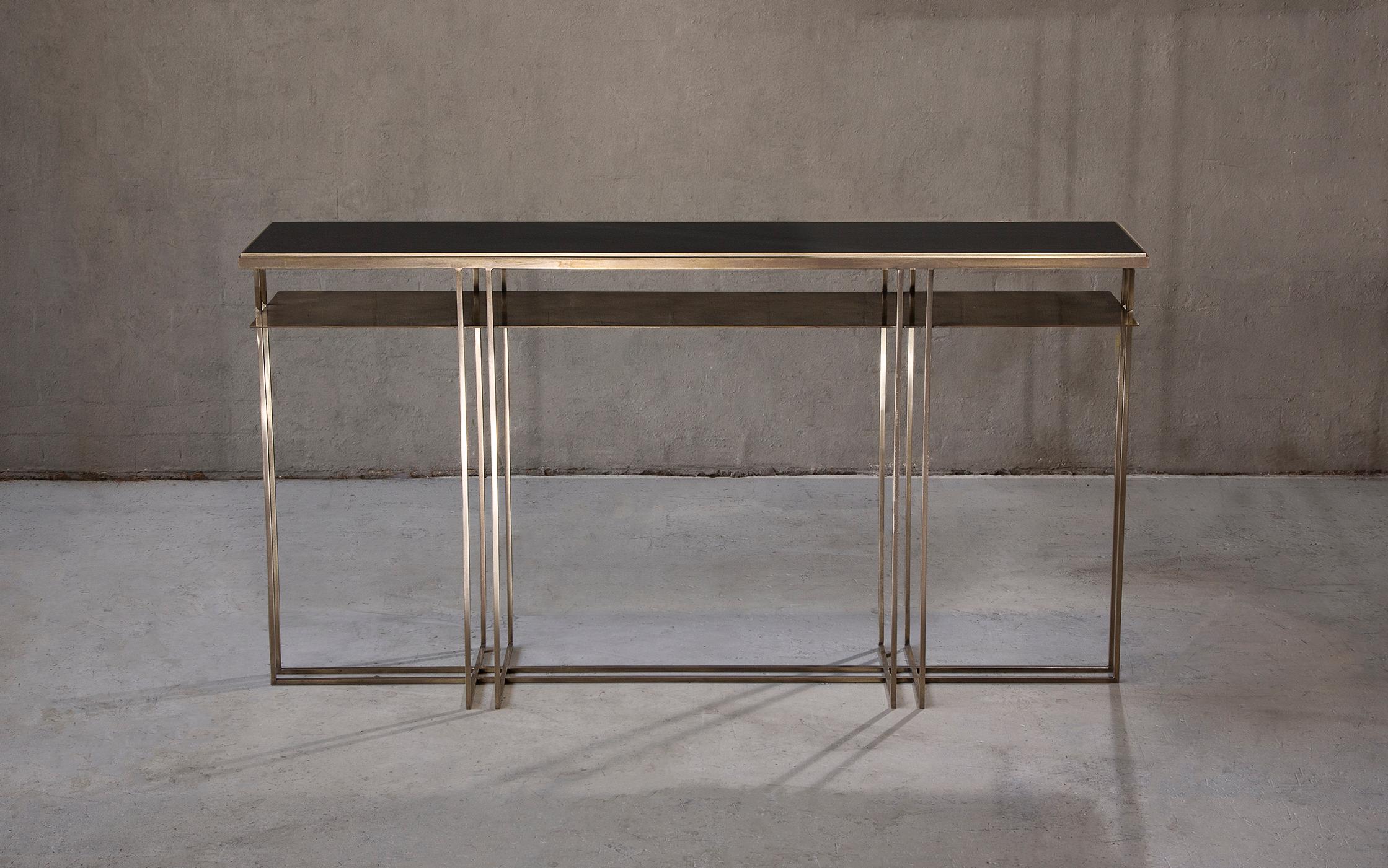 Beveled Cross Binate Console — Large — Patinated Brass Frame — Honed Cumbrian Slate Top For Sale