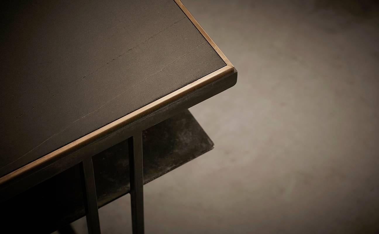 Hand-Crafted Cross Binate Console — Medium — Blackened Steel Frame — Honed Cumbrian Slate Top For Sale