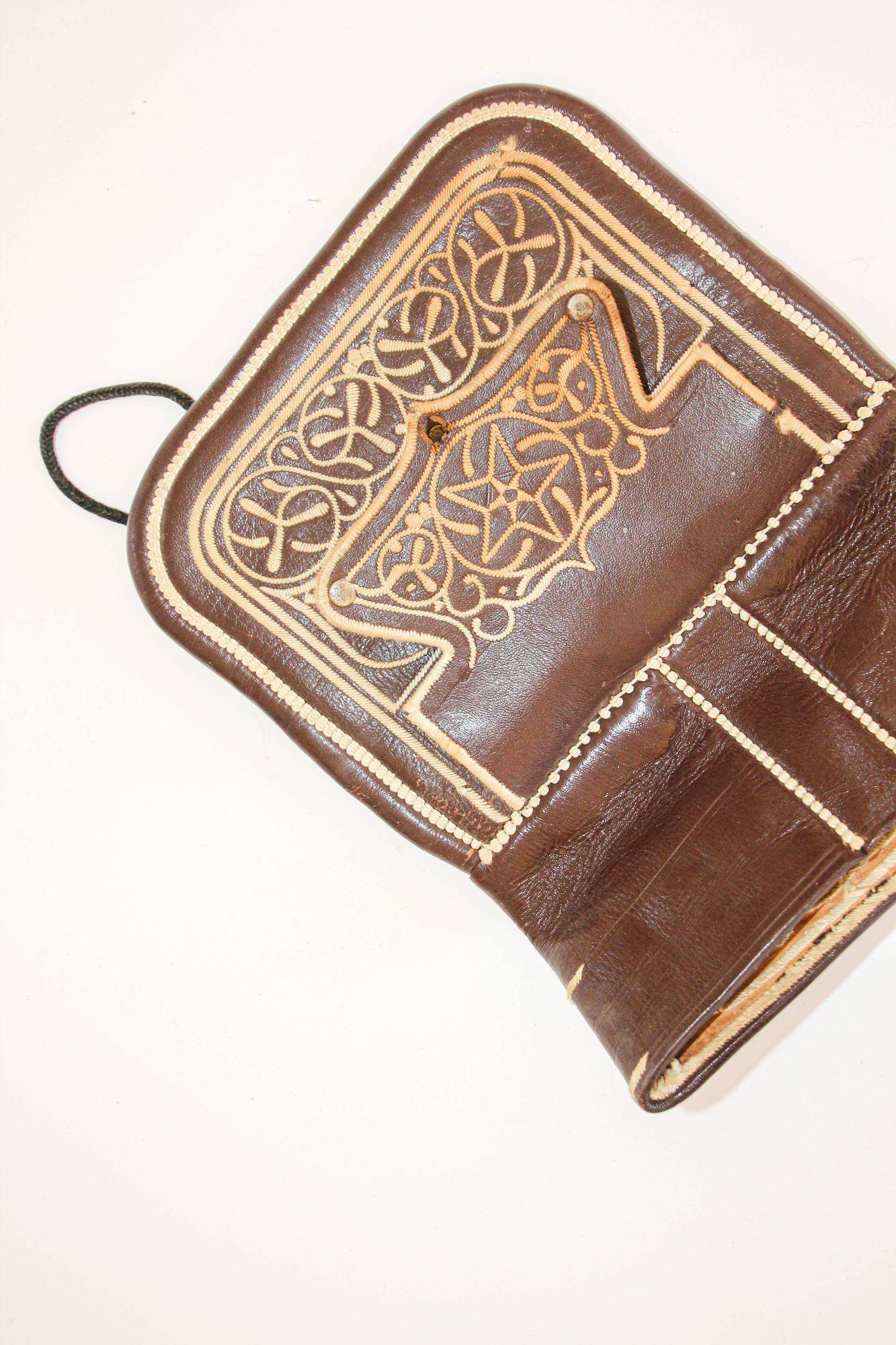 Collectible Vintage Hand-tooled Leather African Berber Tribal Moroccan Bag 1960 For Sale 10