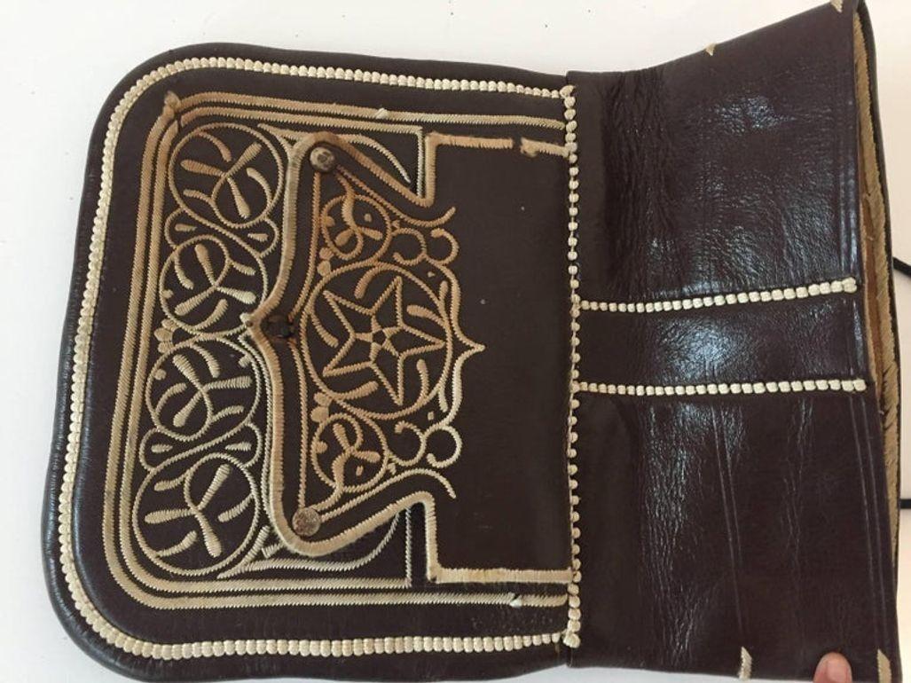 Collectible Vintage Hand-tooled Leather African Berber Tribal Moroccan Bag 1960 In Good Condition For Sale In North Hollywood, CA