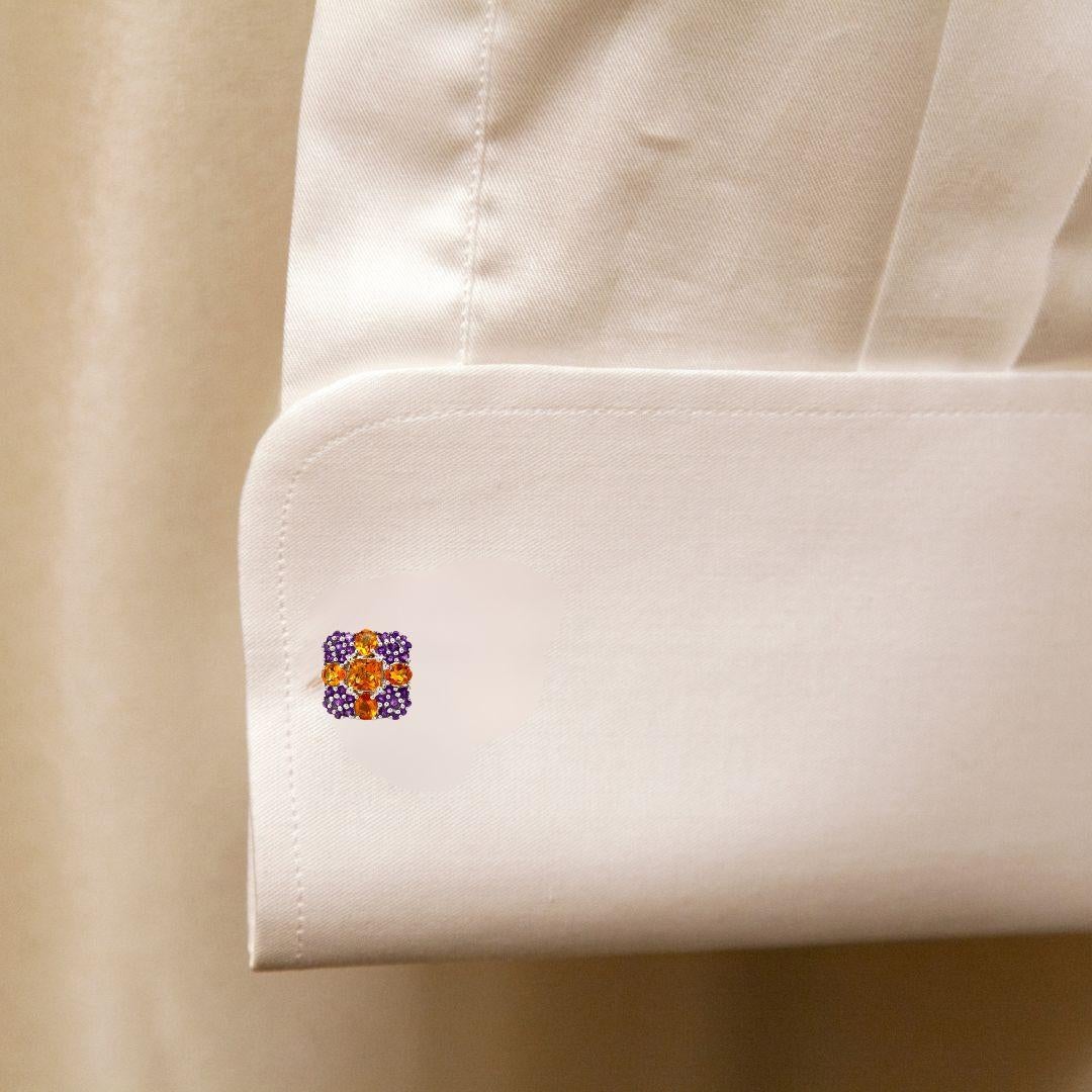 These Cross Citrine and Amethyst Square Shape Cufflinks in 925 Sterling Silver are elegant accessories crafted with natural citrine and amethyst gemstones where citrine which is associated with positivity, abundance and success and amethyst promotes