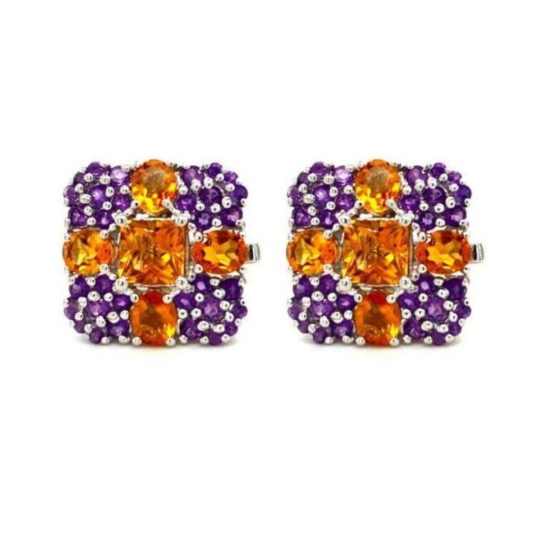 Art Deco Cross Citrine and Amethyst Square Shape Cufflinks in 925 Sterling Silver For Sale