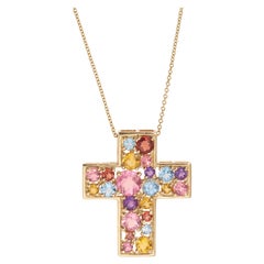 Cross Color Stones 14 Carats Yellow Gold Pendant