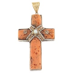 Vintage Cross Coral Diamonds Pearl 9 Karat Yellow Gold Pendant Necklace