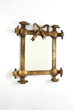 Cross-Corner Bow Ribbon Mirror in Gilt Wrought Iron, Spain 1940s