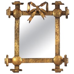 Cross-Corner Bow Ribbon Mirror in Gilt Wrought Iron, Spain 1940s