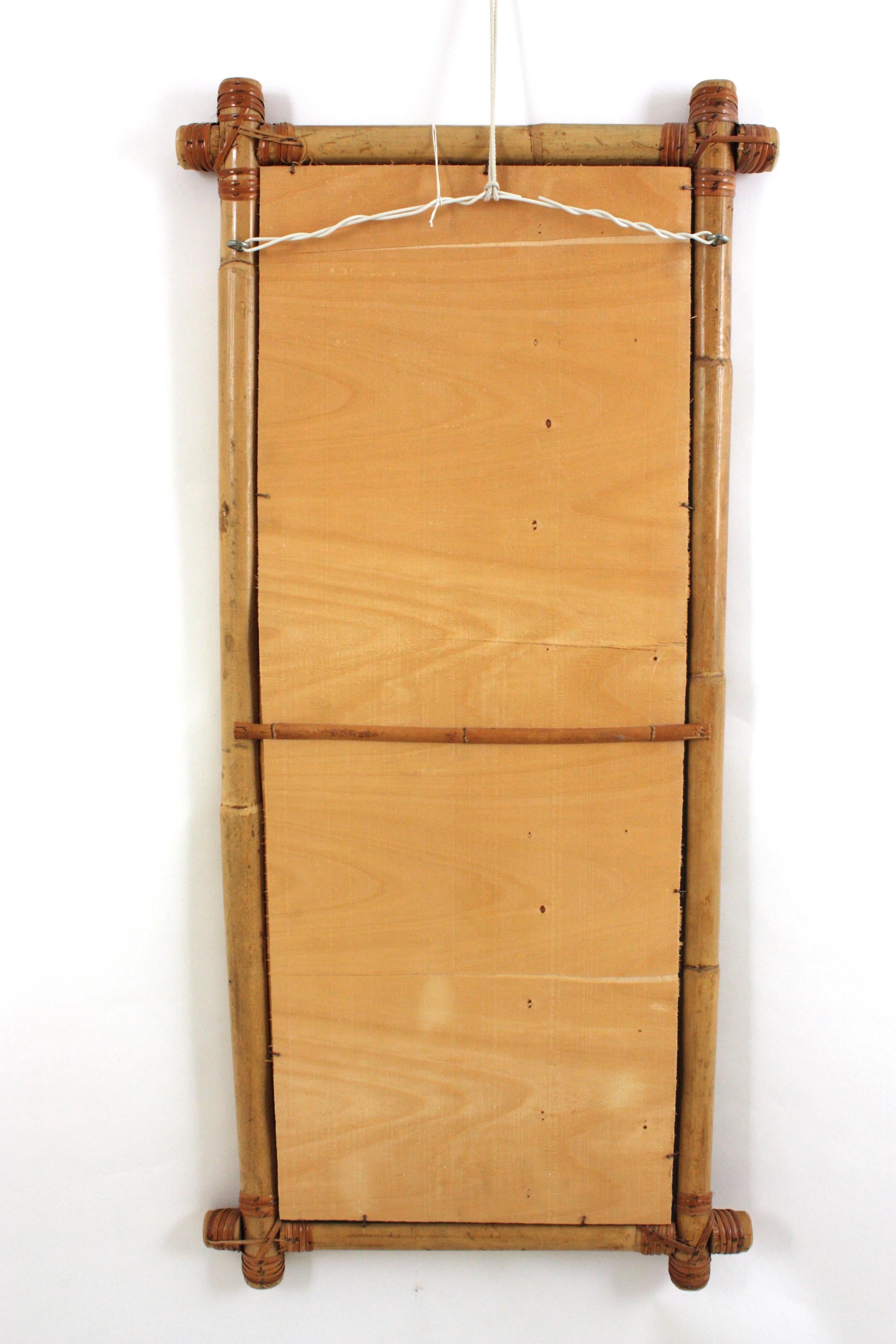 Cross-Corners Bamboo Rattan Rectangular Mirror, 1960s For Sale 3