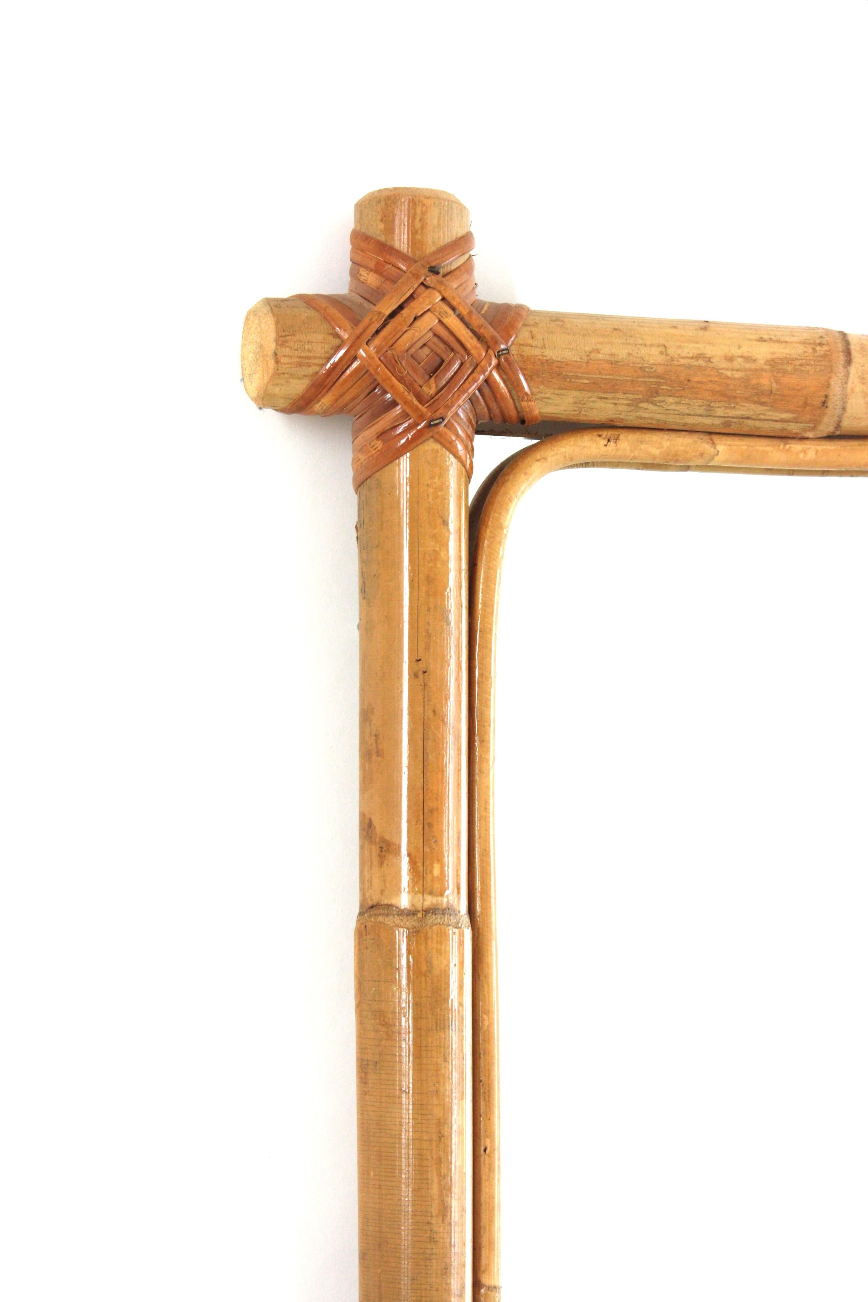 Spanish Cross-Corners Bamboo Rattan Rectangular Mirror, 1960s For Sale