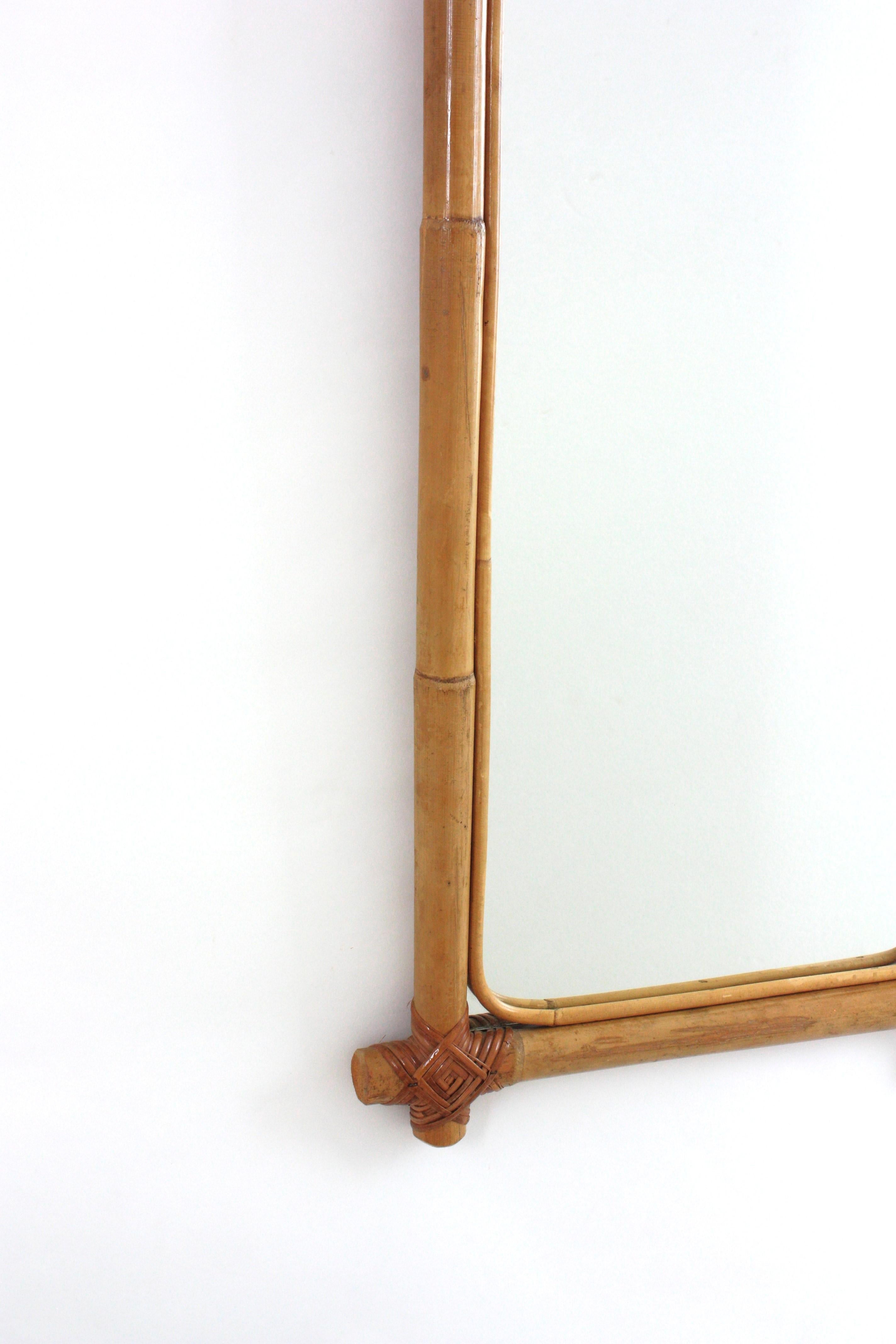 Hand-Crafted Cross-Corners Bamboo Rattan Rectangular Mirror, 1960s For Sale