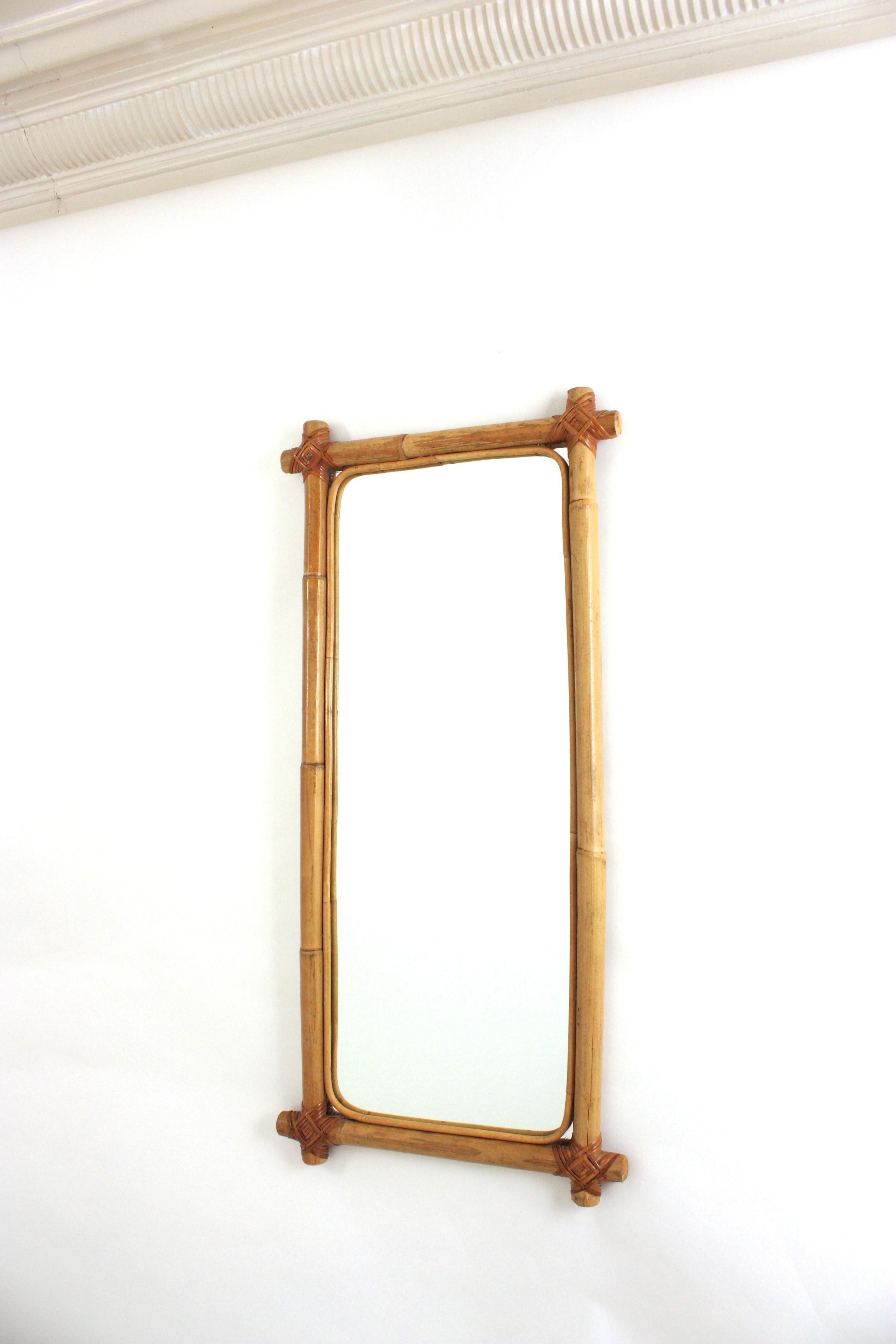 Cross-Corners Bamboo Rattan Rectangular Mirror, 1960s For Sale 1