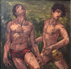 "Cross Country Runners", Mid Century Painting of Two Male Figures, Venice
