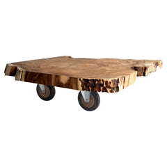 Cross Cut Lychee Wood Organic Coffee Table on Wheels