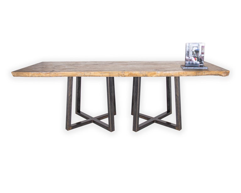 Cross Design Ebonized Patina Steel Base with Live Edge Wood Table Top