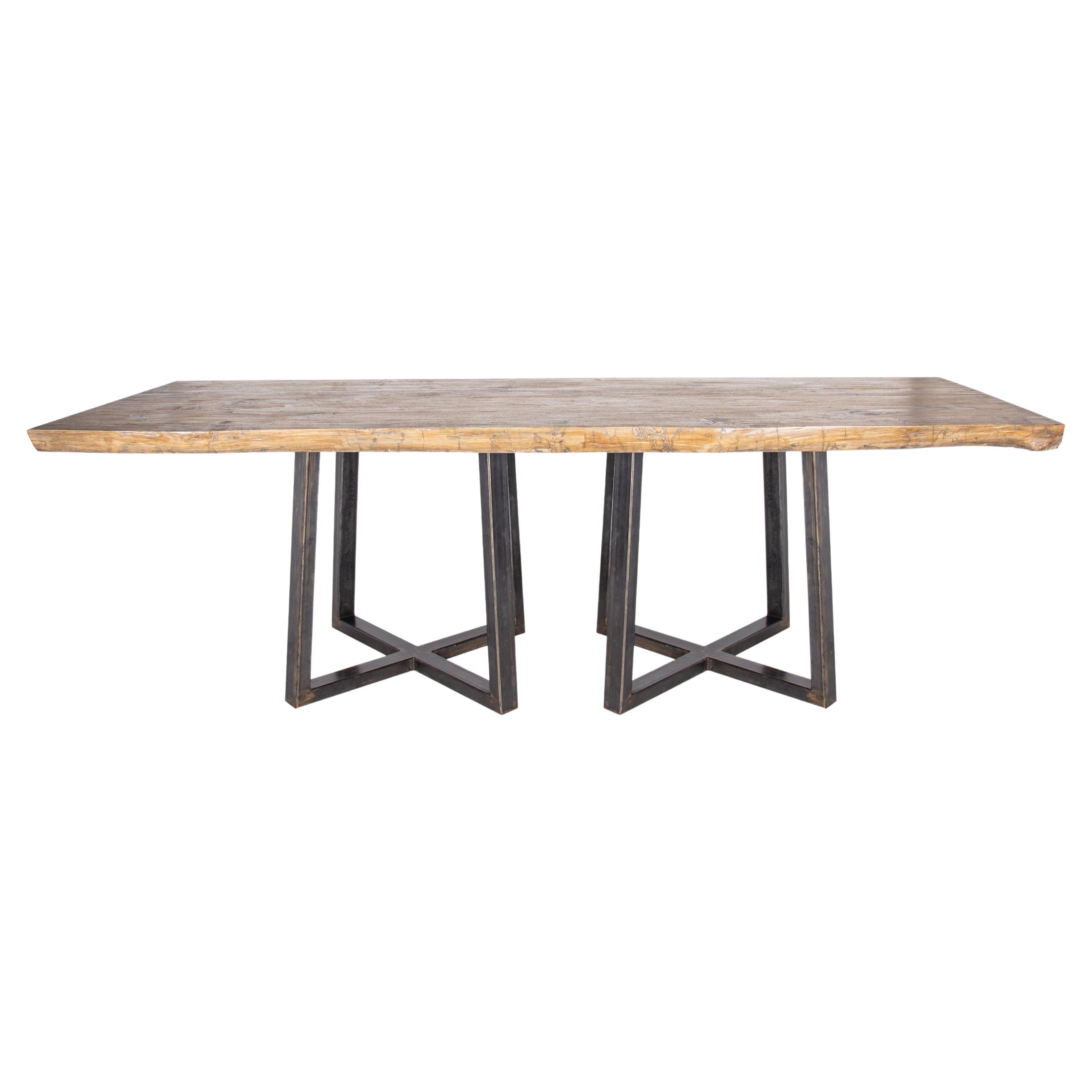 Cross Design Ebonized Patina Steel Base with Live Edge Wood Table Top