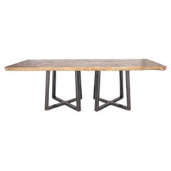 Cross Design Ebonized Patina Steel Base with Live Edge Wood Table Top