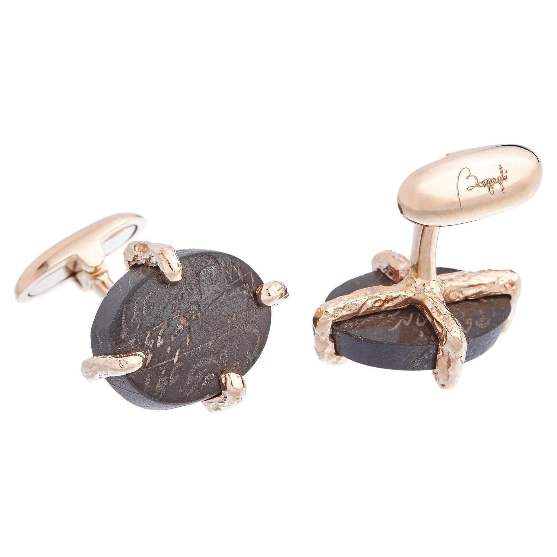 18K Gold Made in Italy Engraved by Hand Cabochon Agate Protective Cufflinks