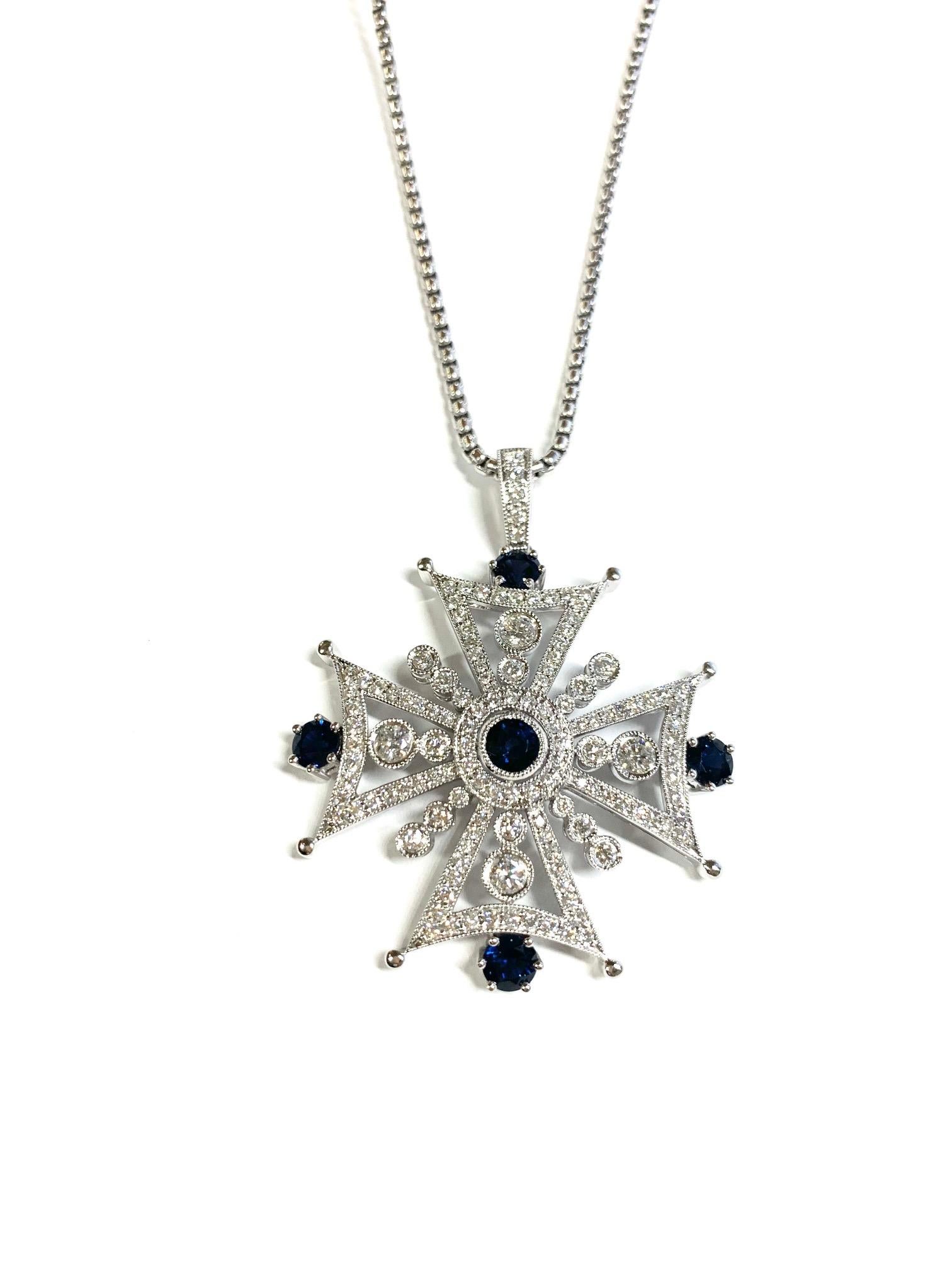 Exquisite Cross Diamond and Sapphire Pendant Necklace 

Stone: Diamonds
Stone Carat Weight: 3.00 Carat
Stone: Blue Sapphire
Stone Carat Weight: 4.07 Carat
Pendant: 2.25 x 1.75 Inches
Chain Style: Rounded Box Chain 
Chain Width: 2.2MM
Chain Length:
