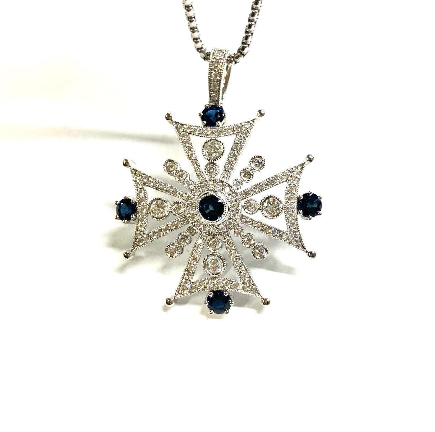 Art Deco Cross Diamond 3 Carat and Blue Sapphire 4.07 Carat Pendant Necklace For Sale