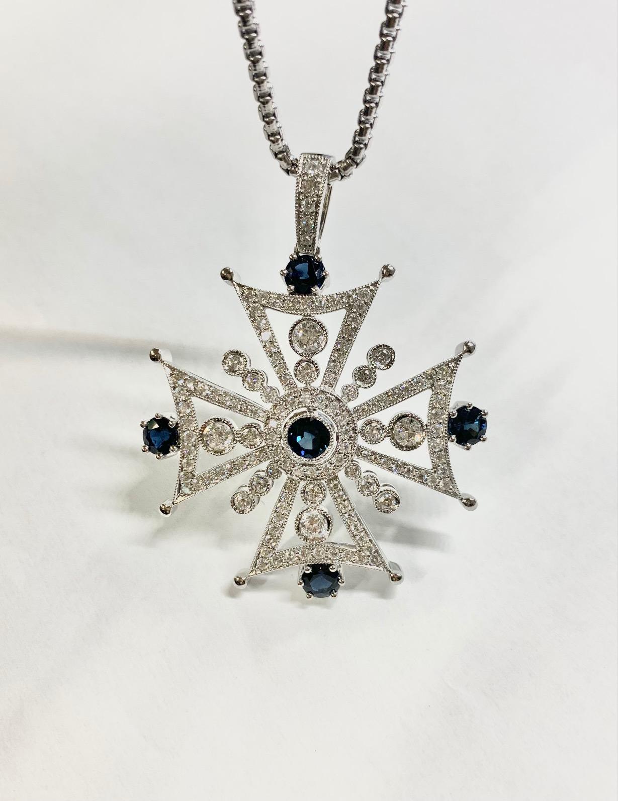 Round Cut Cross Diamond 3 Carat and Blue Sapphire 4.07 Carat Pendant Necklace For Sale