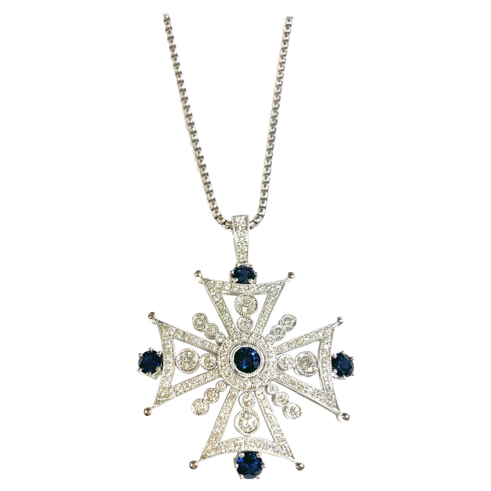 Cross Diamond 3 Carat and Blue Sapphire 4.07 Carat Pendant Necklace For Sale