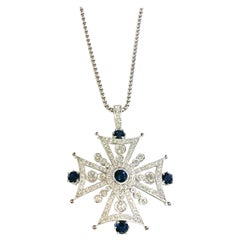 Vintage Cross Diamond 3 Carat and Blue Sapphire 4.07 Carat Pendant Necklace