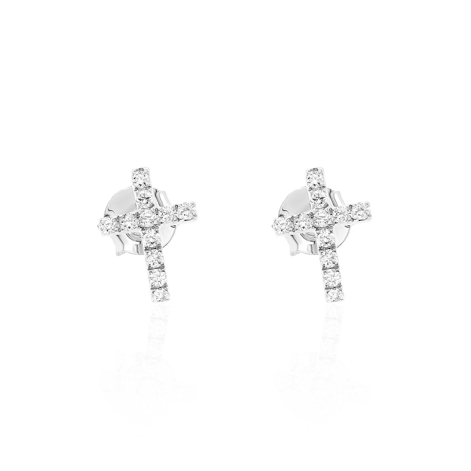 Modern and Spirituality Inspired Signature Cross Diamond Earrings, featuring:
✧ 22 natural earth mined diamonds G-H color VS-SI weighing 0.17 carats 
✧ Measurements: 9.7mm*6.9mm
✧ Available in 14K White, Yellow, and Rose Gold
✧ Push back friction