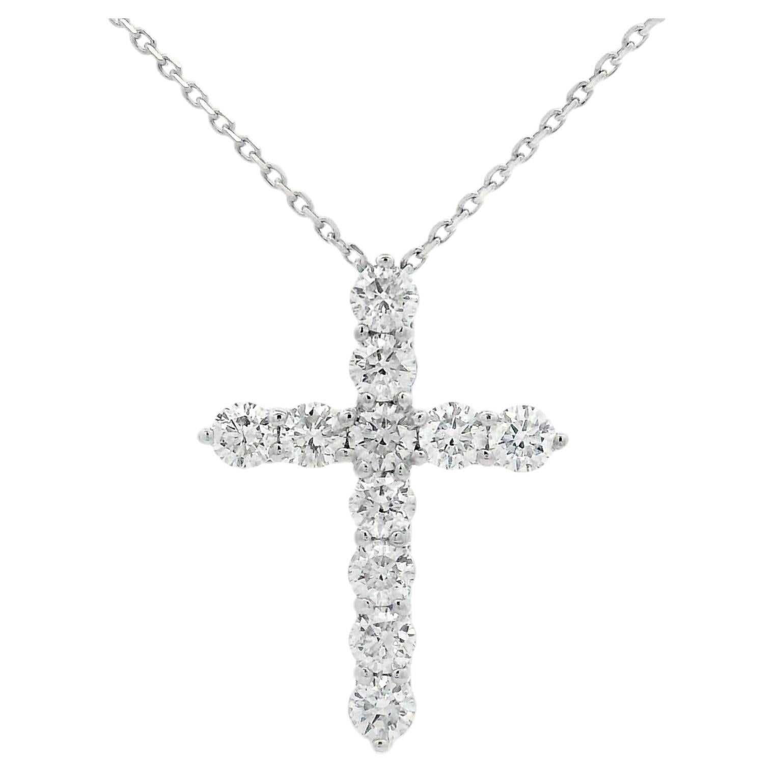 Cross Diamond Pendant Necklace 0.65 Carat in 14K White Gold, 18 Inch
