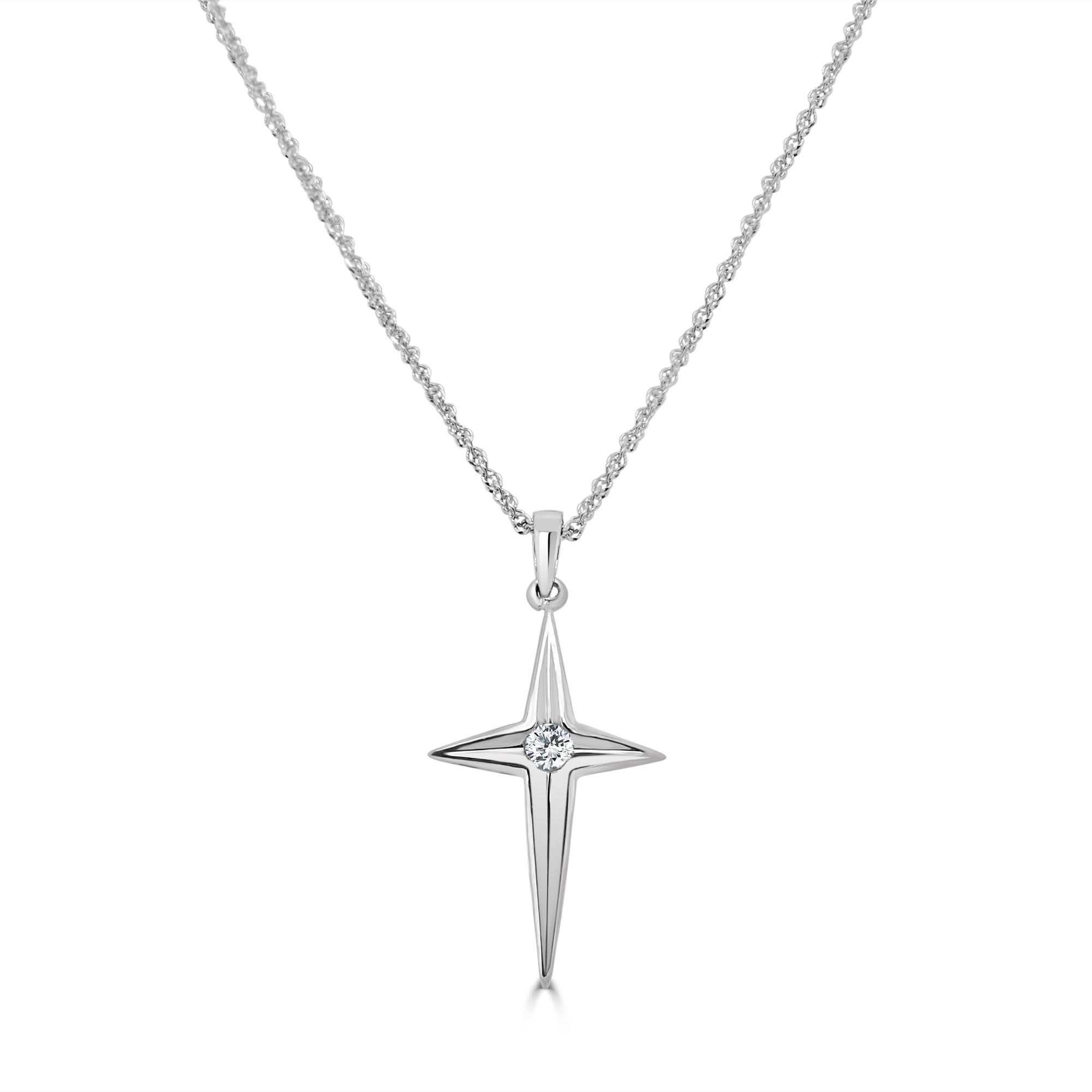 Display your commitment to your Christian faith with this exclusive 18K White Gold 0.06 ct Diamond Cross Pendant Necklace. Suspending along a barely-there 16