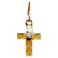 Cross Diamond Single Dangle Earring Mined 14K Yellow Gold
