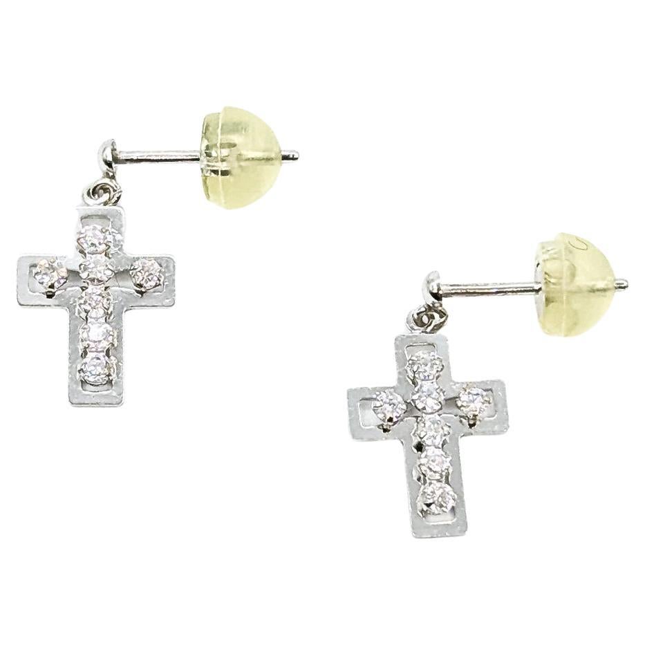 Cross Diamond Stud Earrings in 14k White Gold For Sale