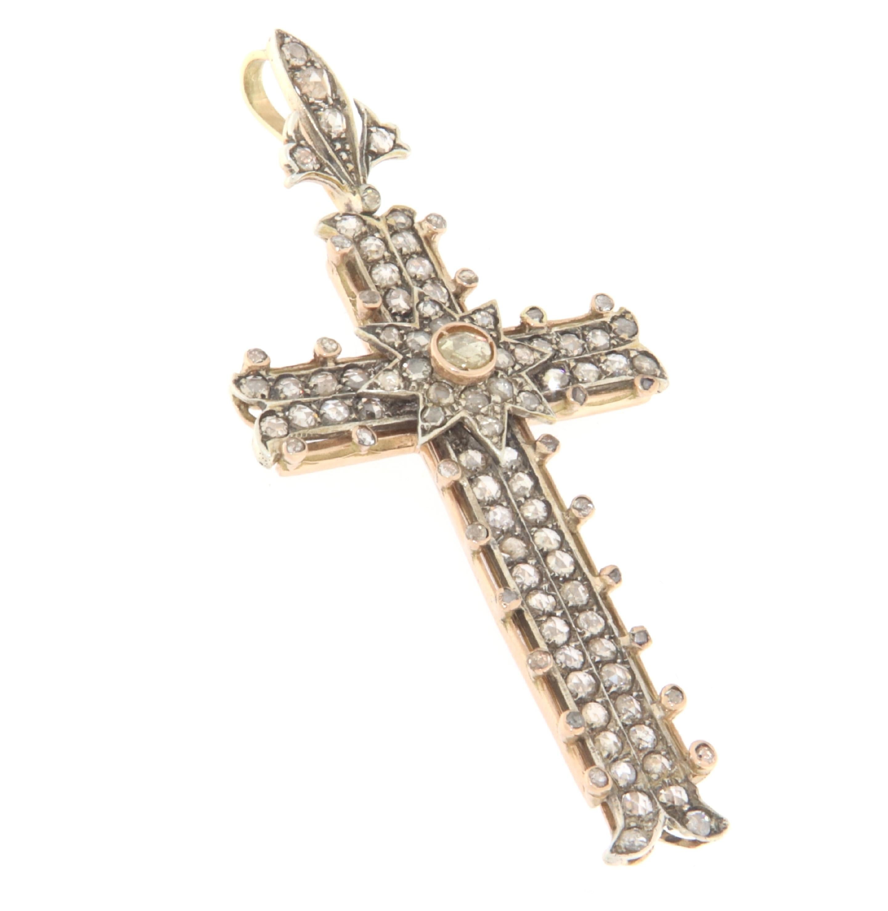 Rose Cut Cross Diamonds 14 Karat Yellow Gold Pendant Necklace