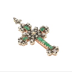 Cross Diamonds Emeralds 9 Karat Yellow Gold Pendant Necklace