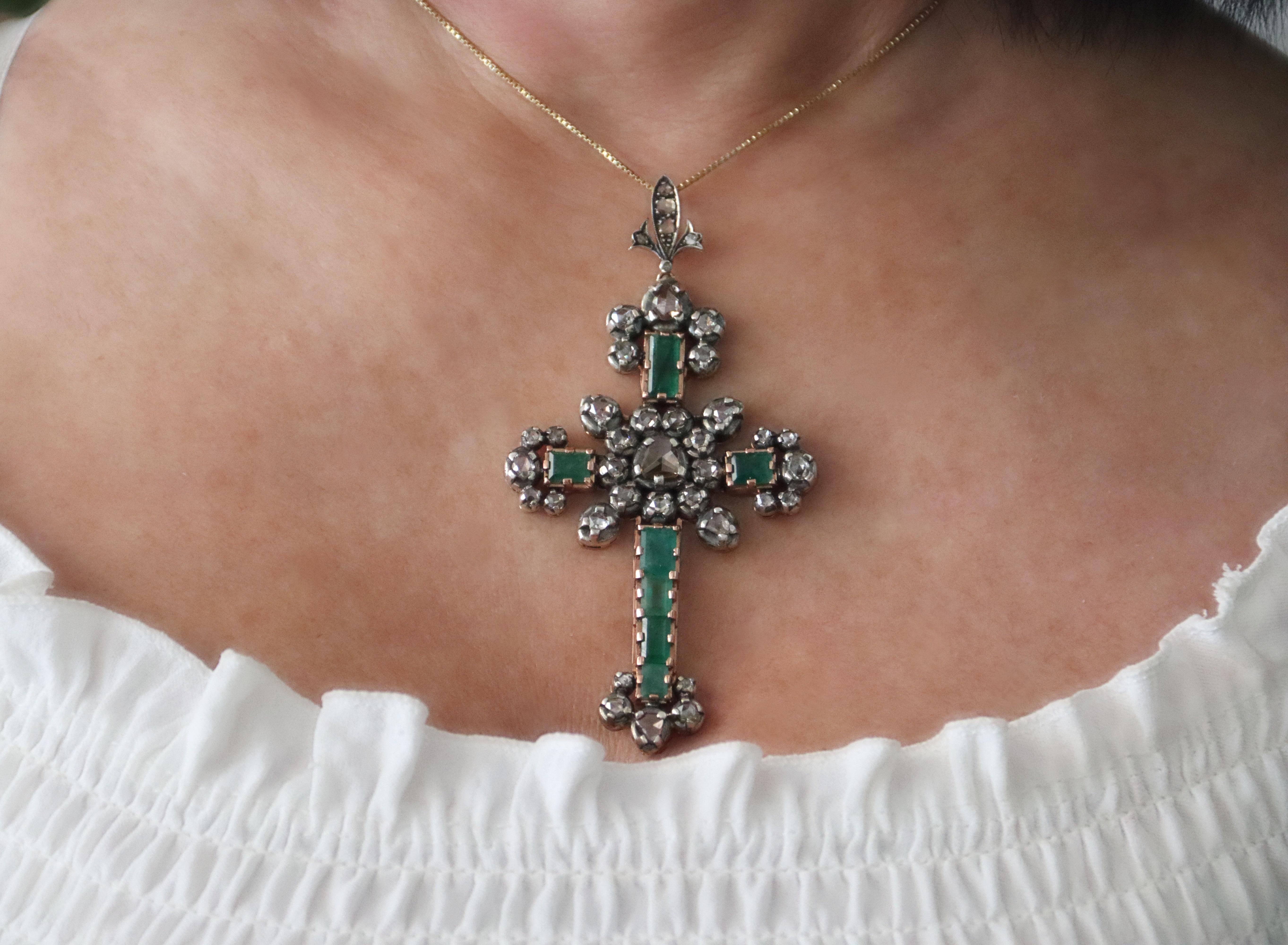 Women's Cross Diamonds Emeralds 9 Karat Yellow Gold Pendant Necklace For Sale