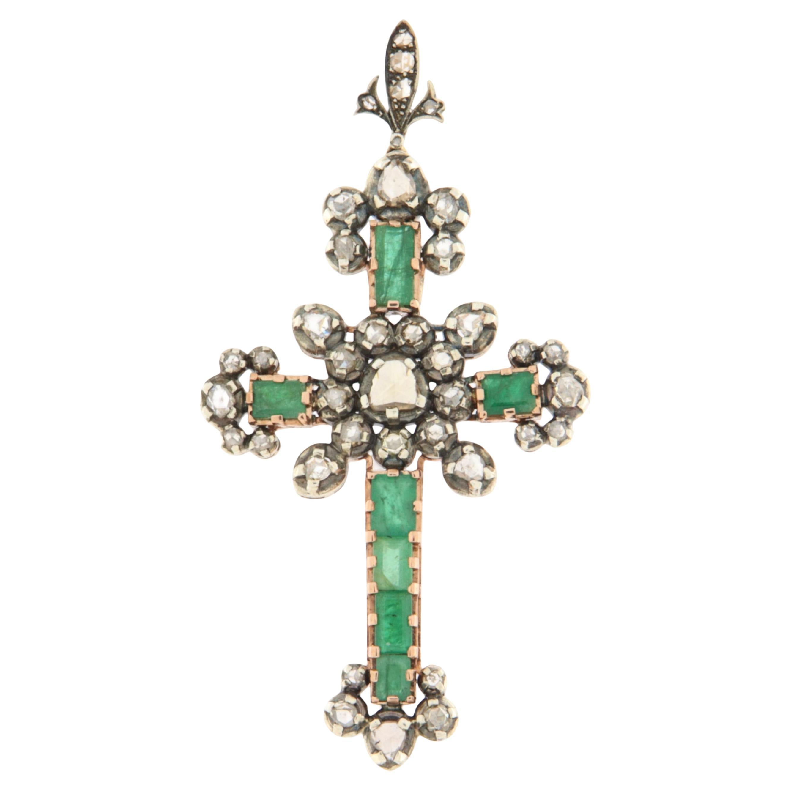 Cross Diamonds Emeralds 9 Karat Yellow Gold Pendant Necklace