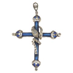 Vintage Cross Diamonds Enamel 14 Karat Yellow Gold Pendant Necklace