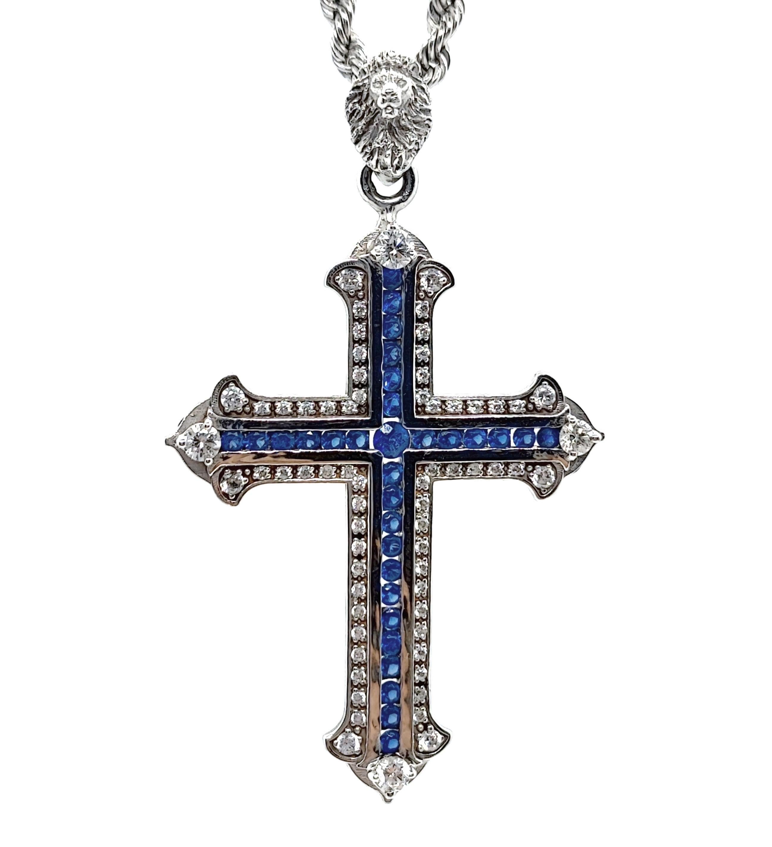 Cross Diamanten, Saphire, 18 kt Weißgold (Brillantschliff) im Angebot