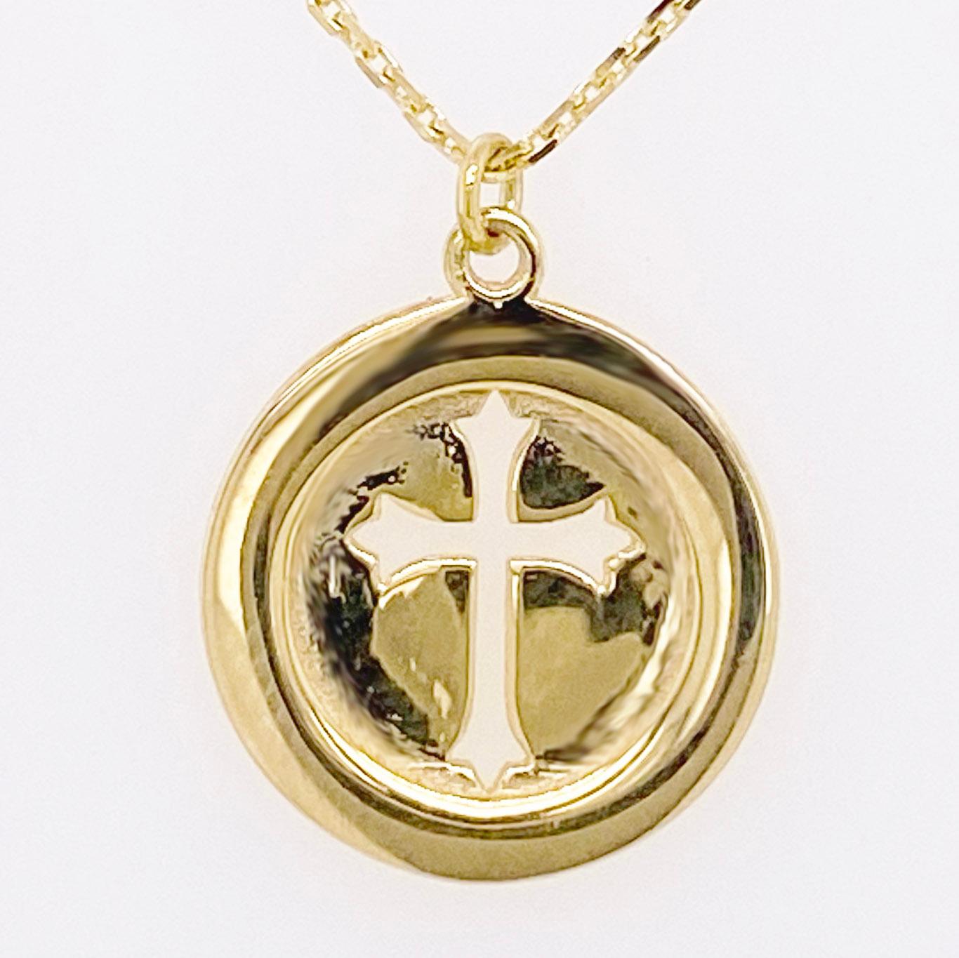 Modern Cross Disk Necklace, 14 Karat Yellow Gold Cross Coin Pendant, Religious Pendant For Sale