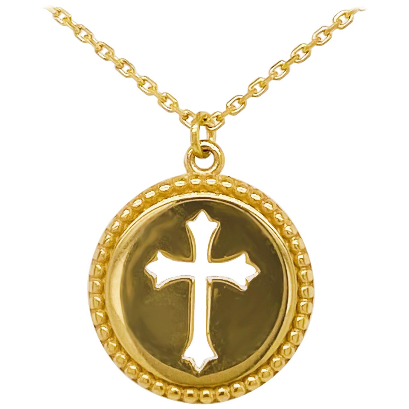 Cross Disk Necklace, 14 Karat Yellow Gold Cross Coin Pendant, Religious Pendant