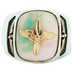 Cross Eagle Emblem Ring with Mother of Pearl Inset Sterling Silver and Gold