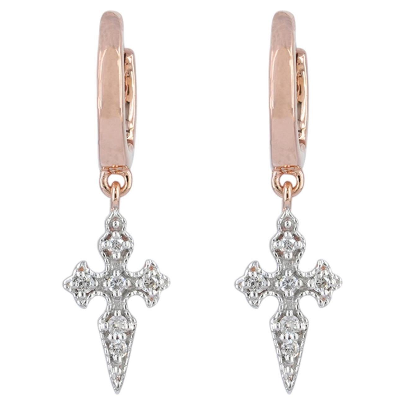 Cross Earring Natural Diamond Solid 14k Rose Gold Natural Diamond Huggie Earring