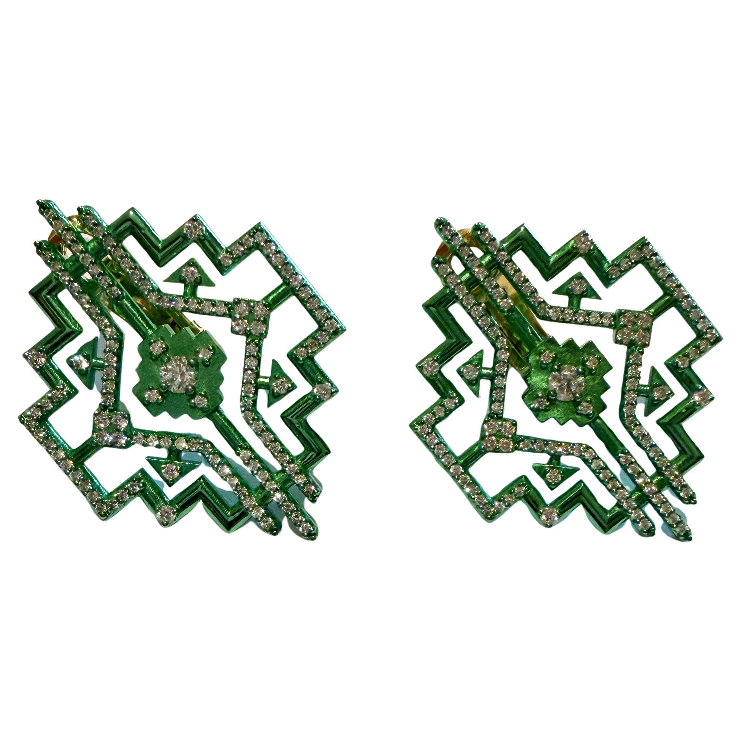 Cross Earrings in Green Nanoceramic-Coated 18 Karat Gold with Diamonds For Sale