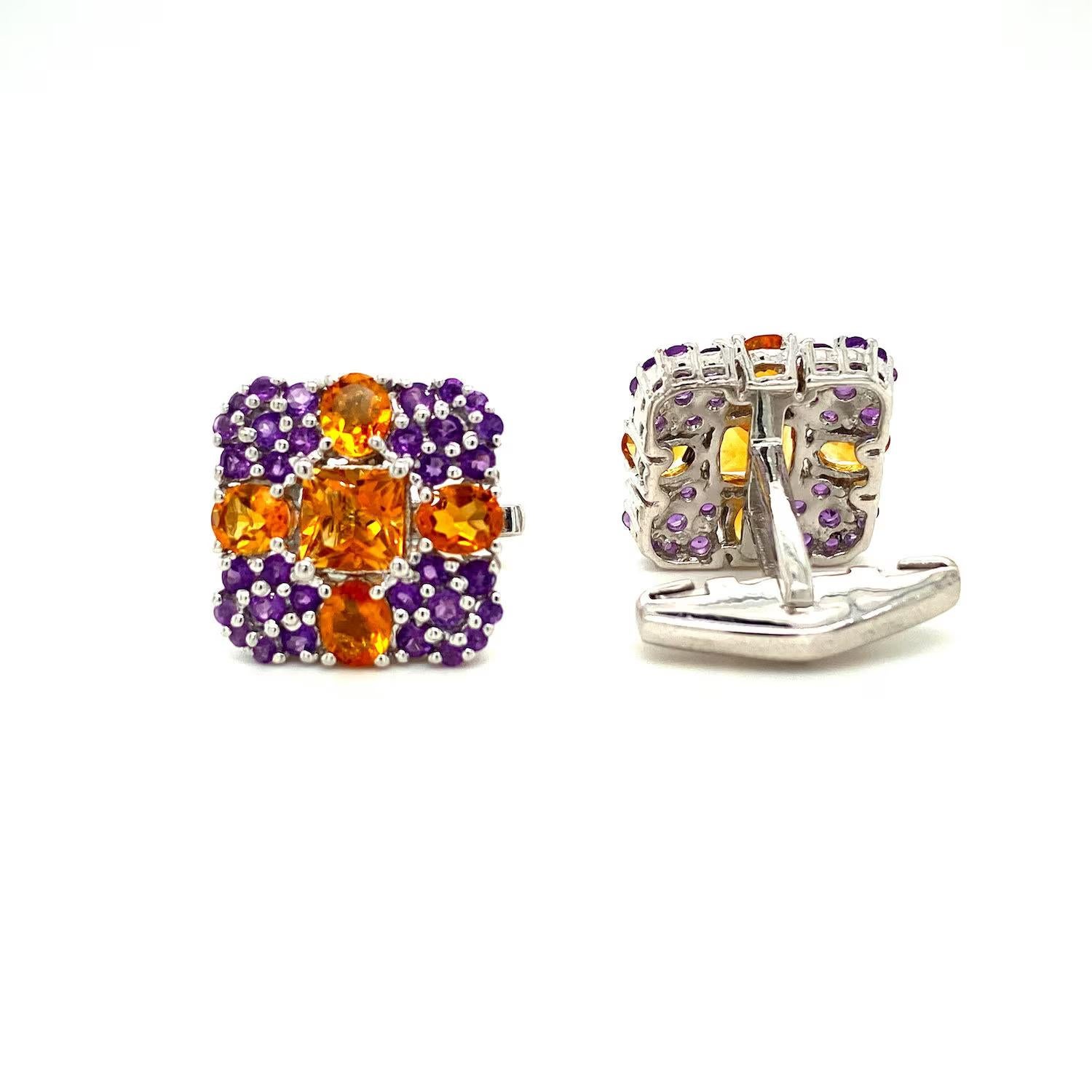 Cross Citrine and Amethyst Square Shape Cufflinks in 925 Sterling Silver In New Condition In Houston, TX