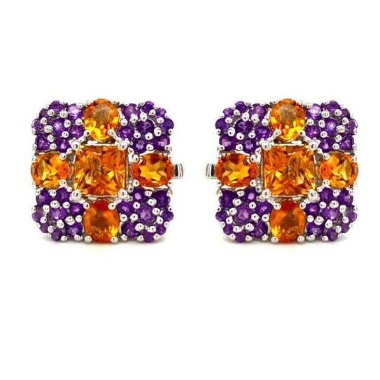Women's or Men's Cross Citrine and Amethyst Square Shape Cufflinks in 925 Sterling Silver